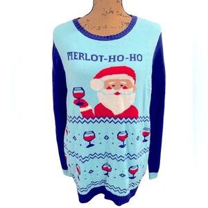 Women’s Norther Pole Blue Santa Claus Merlot Ho Ho Christmas Holiday Sweater